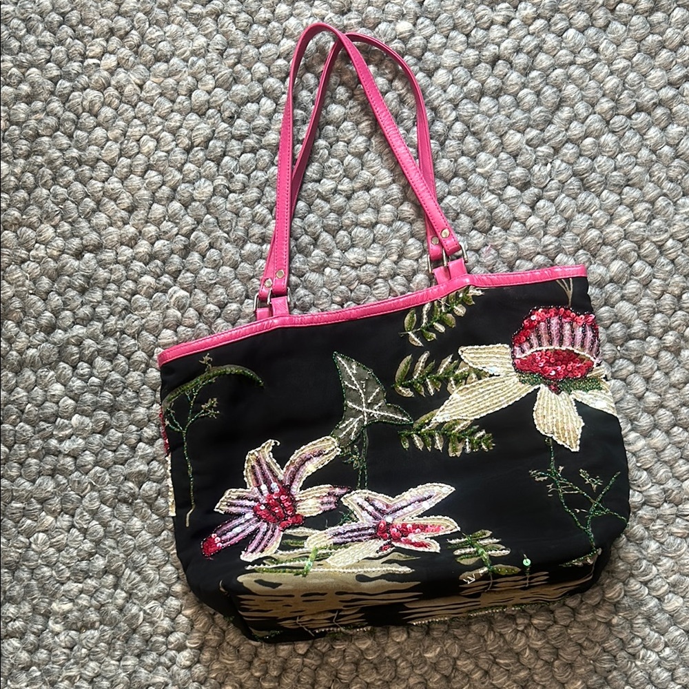 Christiana Vintage Pink Black Floral Tote Bag
